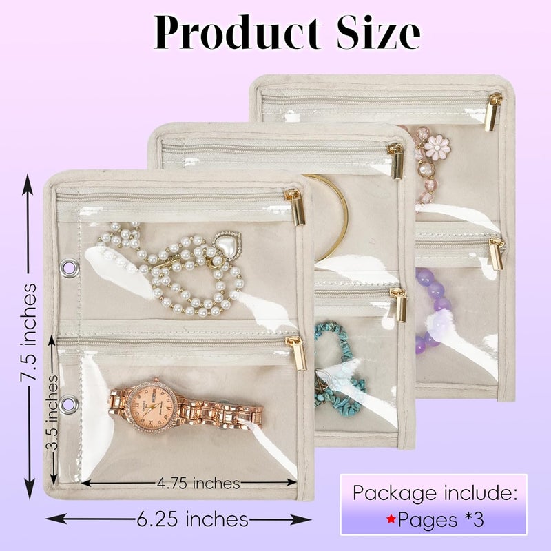 LingLingo Travel Jewelry Organizer Case,Small Jewelry Bags for Traveling, Jewelry Binder with 24 Pcs Clear Zipper Velvet Pouches (Inner Pages,Beige,3 PCS) - Image 2